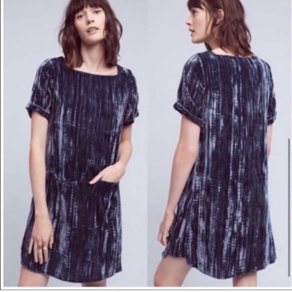 Anthropologie Floreat crushed velvet blue fully lined shift dress pockets Sz XS